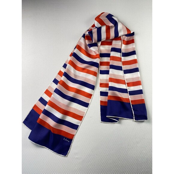 Vintage ECHO 100% Silk Scarf Striped Red White Navy Blue Rectangular Classic - Picture 1 of 6
